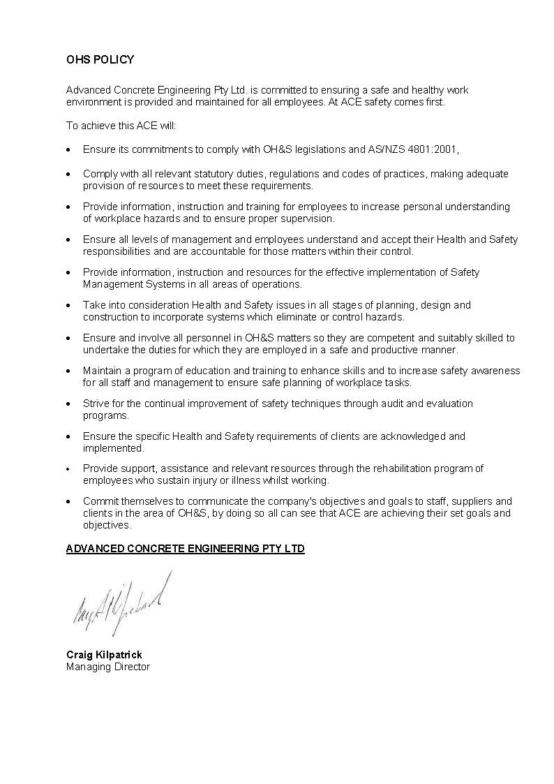 ACE Third Party Accredited OHS Policy steel aluminium fabrication safety remedial civil concrete reservoir advanced concrete engineering post tension tank prestress slabACE Third Party Accredited Quality Policy steel aluminium fabrication safety remedial civil concrete reservoir advanced concrete engineering post tension tank prestress slab